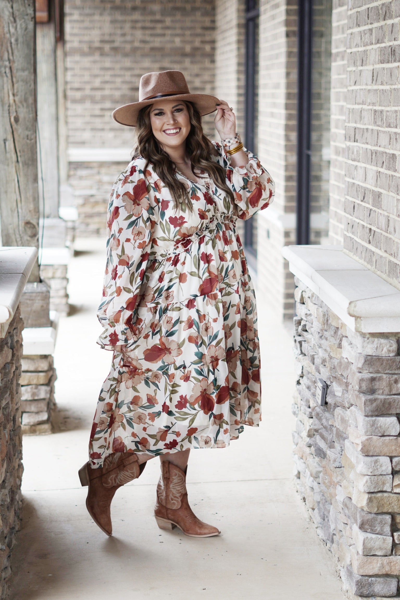 Fiona Floral Lush Neutral Midi Dress