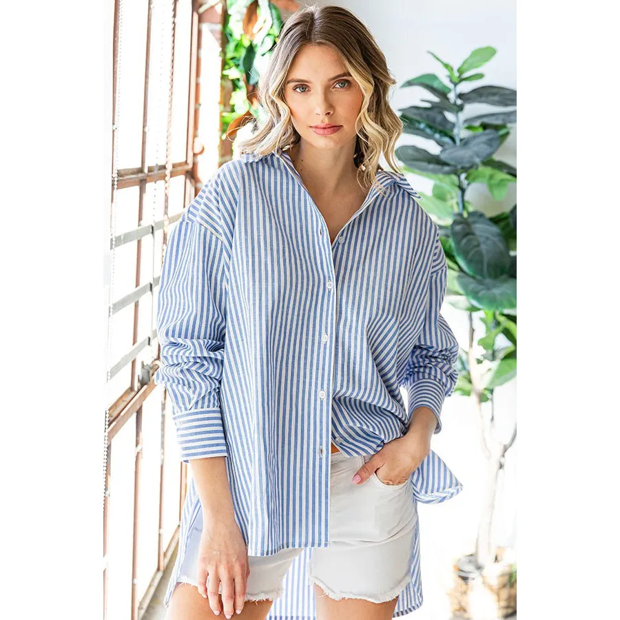 First Love Striped Button Down High-Low Hem Shirt