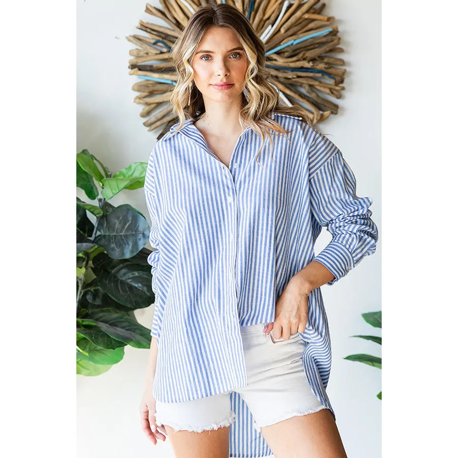 First Love Striped Button Down High-Low Hem Shirt