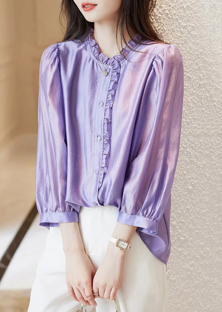 French Purple Ruffled Button Chiffon Shirts Long Sleeve AB1001