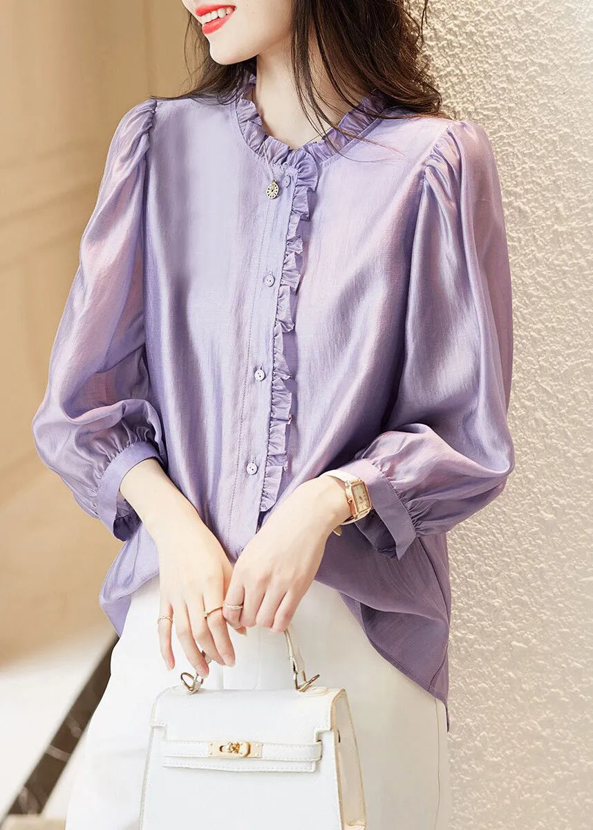 French Purple Ruffled Button Chiffon Shirts Long Sleeve AB1001