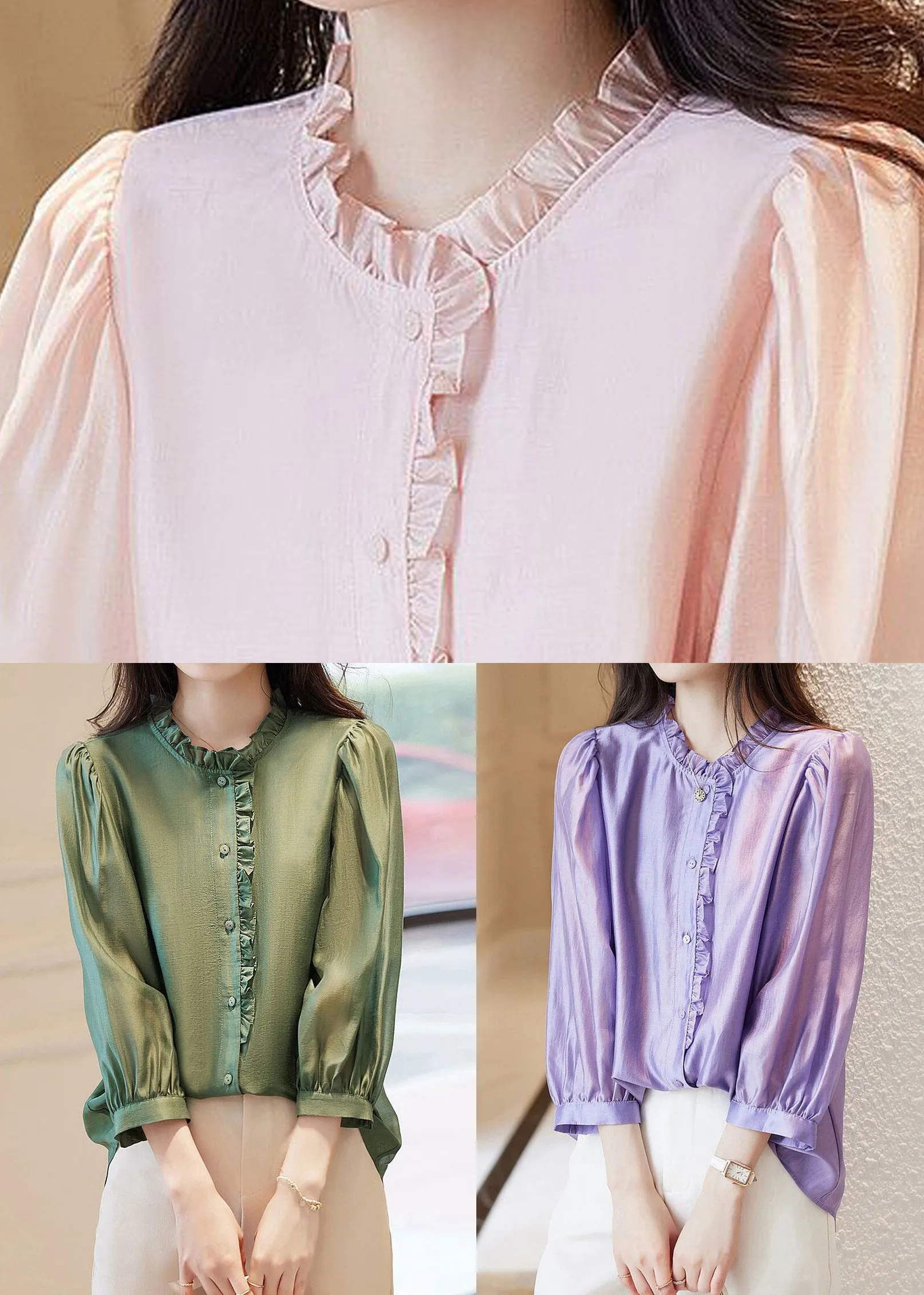 French Purple Ruffled Button Chiffon Shirts Long Sleeve AB1001