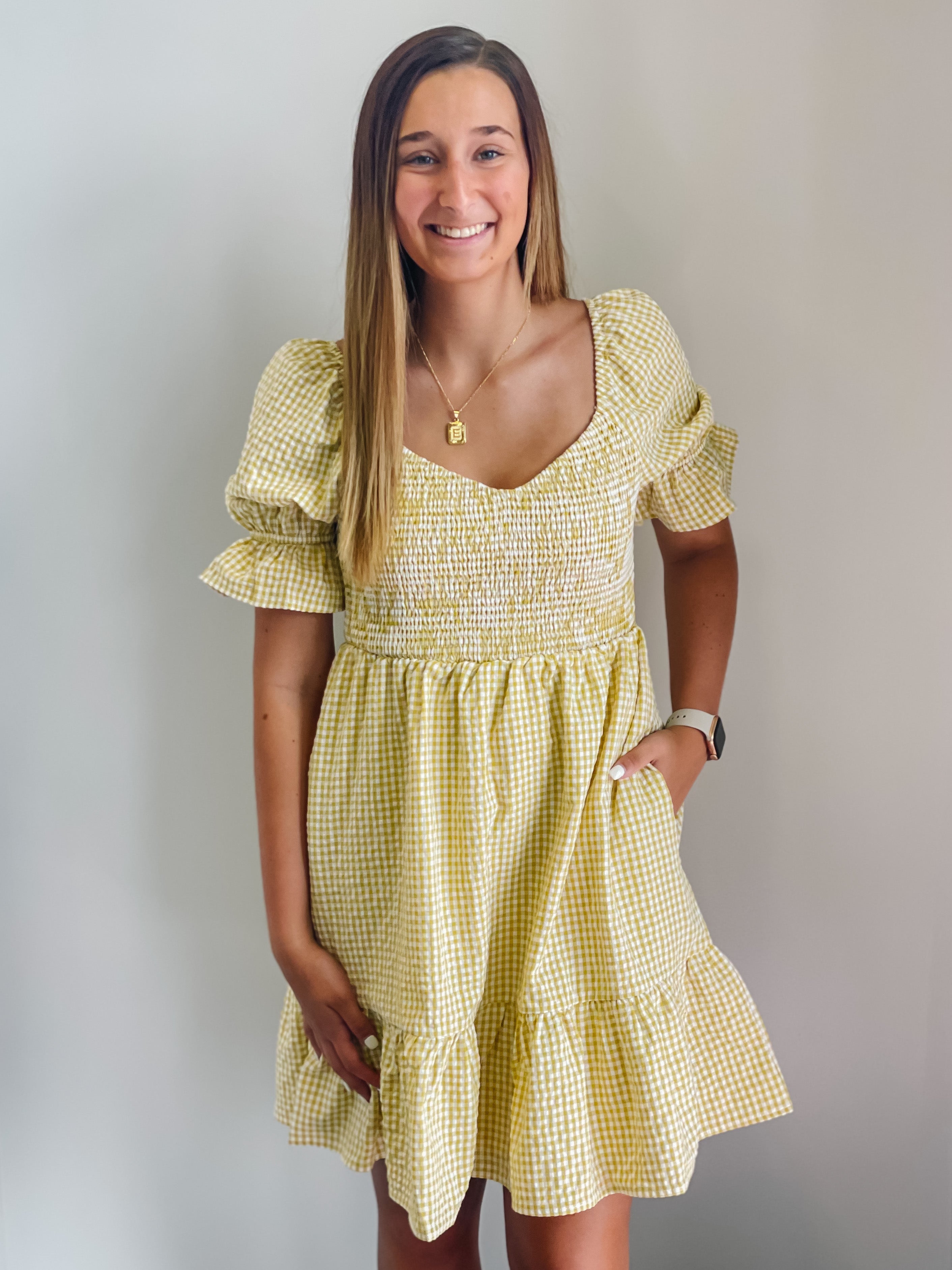 Gingham Smocked Bodice Puff Sleeve Dress