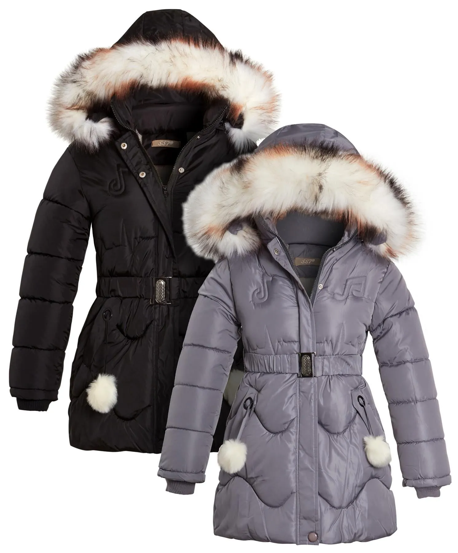 Girls Tik Tok Quilted Faux Fur Parka Coat, Black, Grey, Pink, Red, Stone, Lilac, Ages 3 to 14 Years