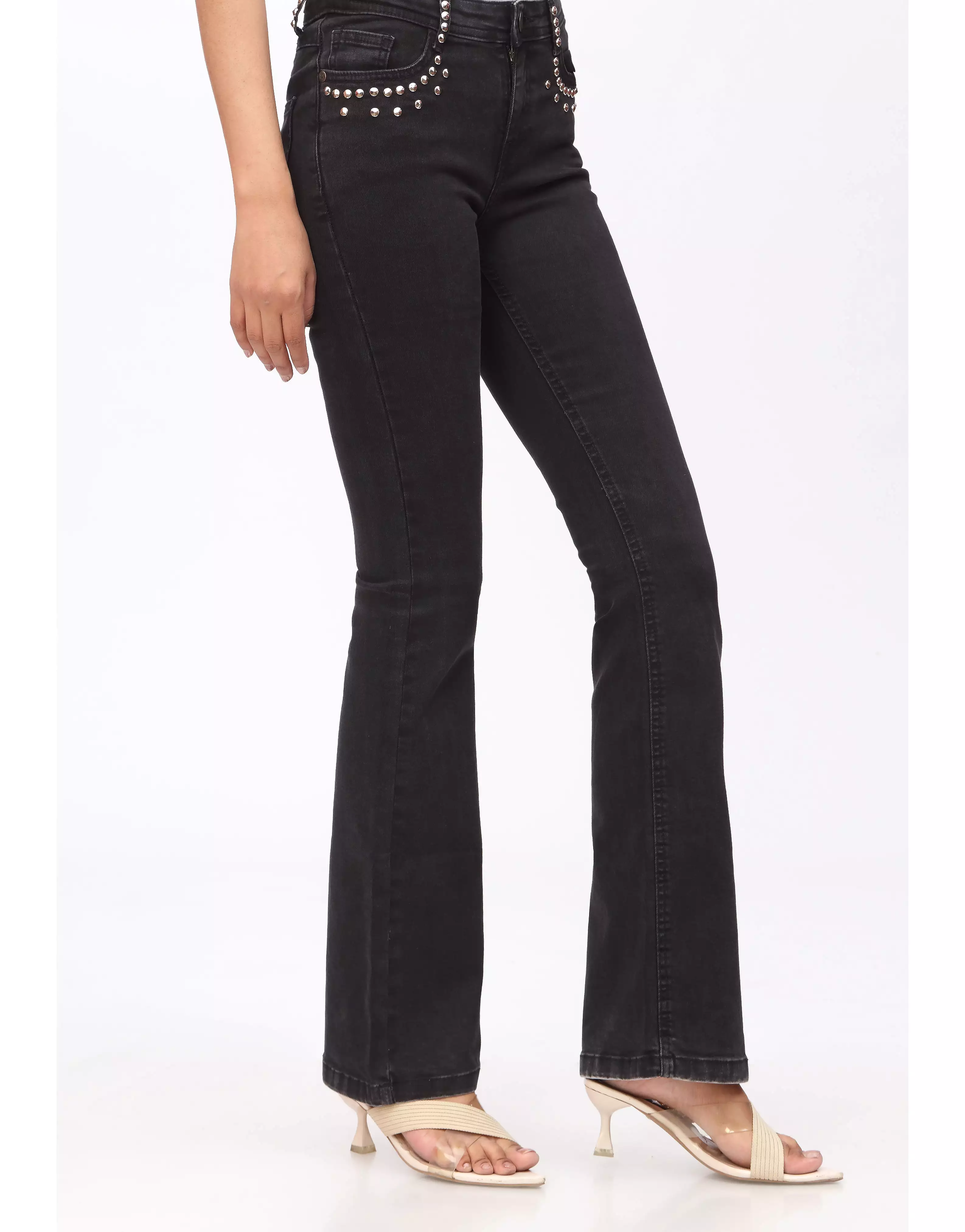 High Rise Flared Jeans in Jet Black with Stylish Pocket