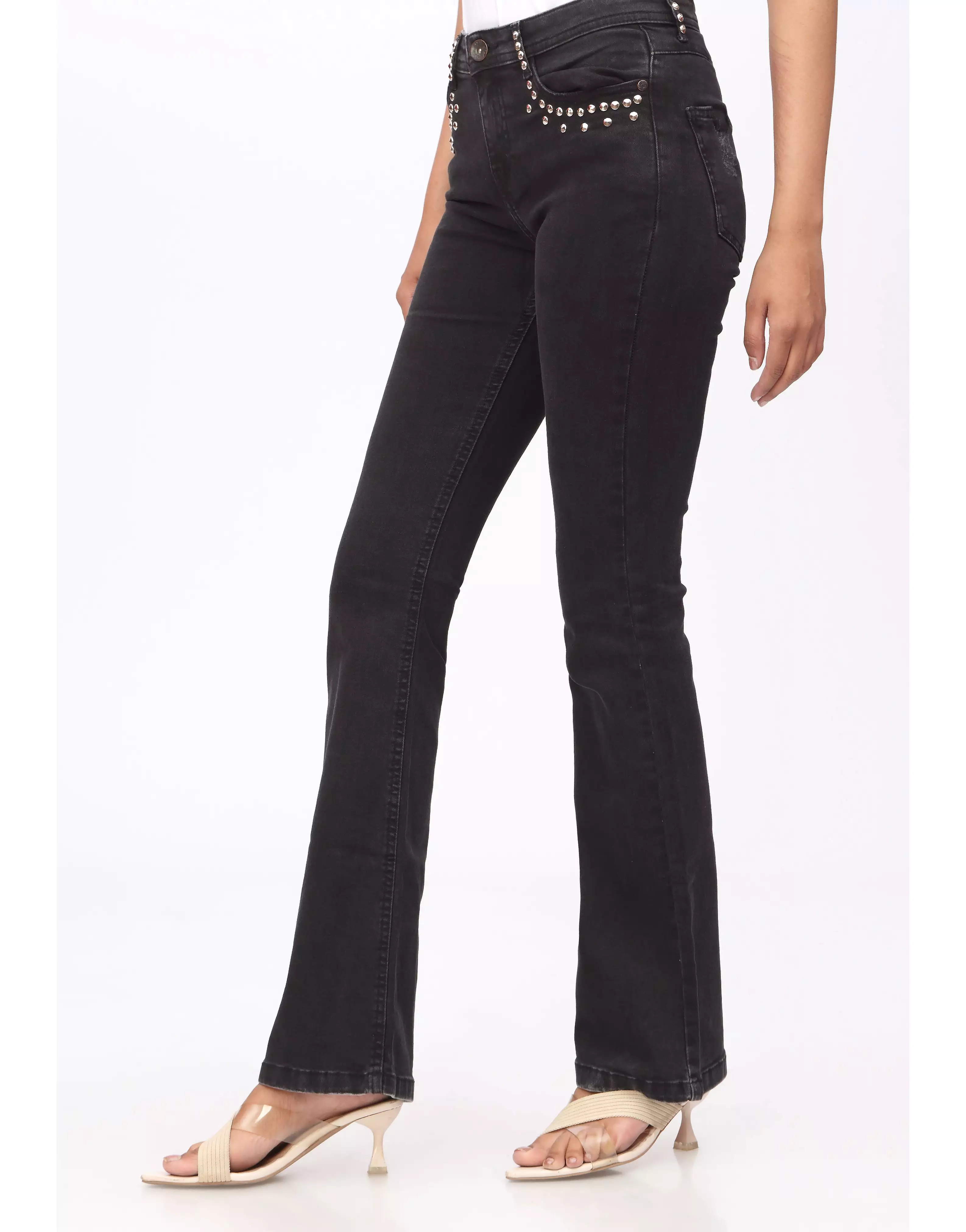 High Rise Flared Jeans in Jet Black with Stylish Pocket