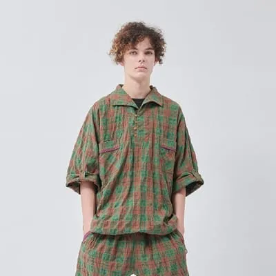 Kelen Gambus Dolman Sleeve Skipper Check Shirts  Brown