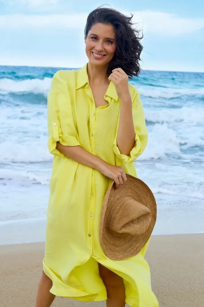 Linen Split Hem Shirt Dress - Canary - MTD5626-NFL