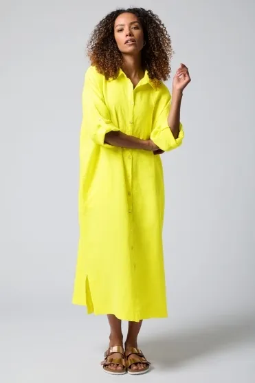 Linen Split Hem Shirt Dress - Canary - MTD5626-NFL