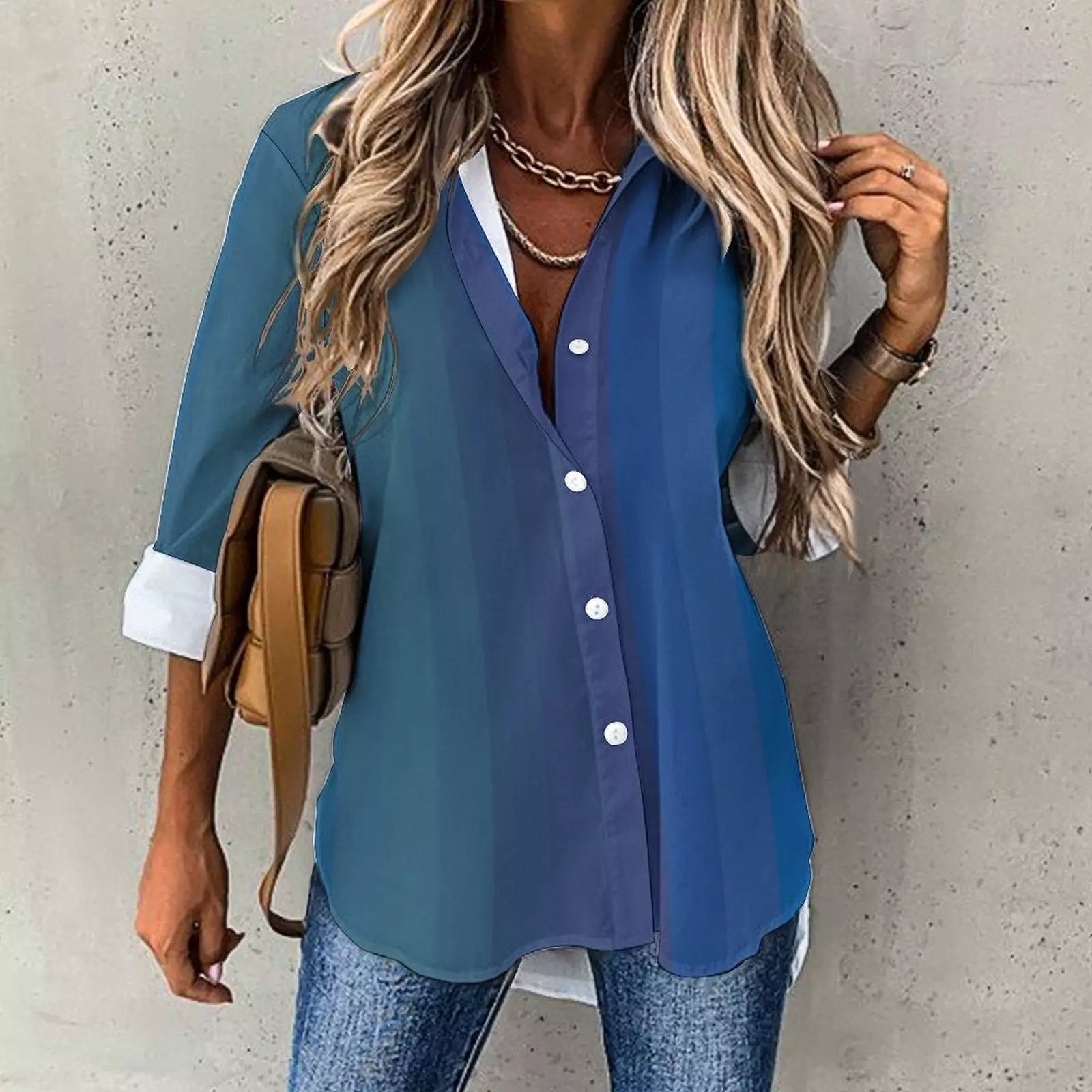 Long Sleeve Blouse (B648) Cropped hem shirt