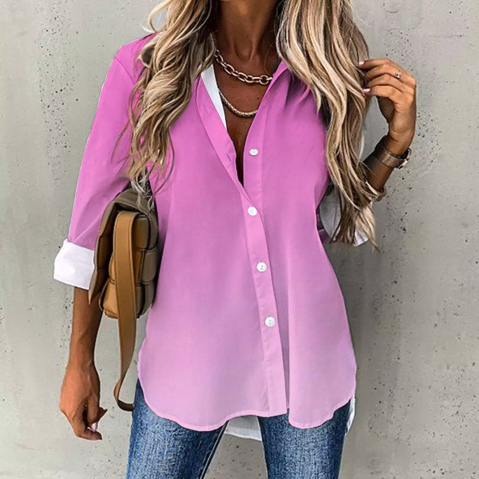 Long Sleeve Blouse (B648) Cropped hem shirt