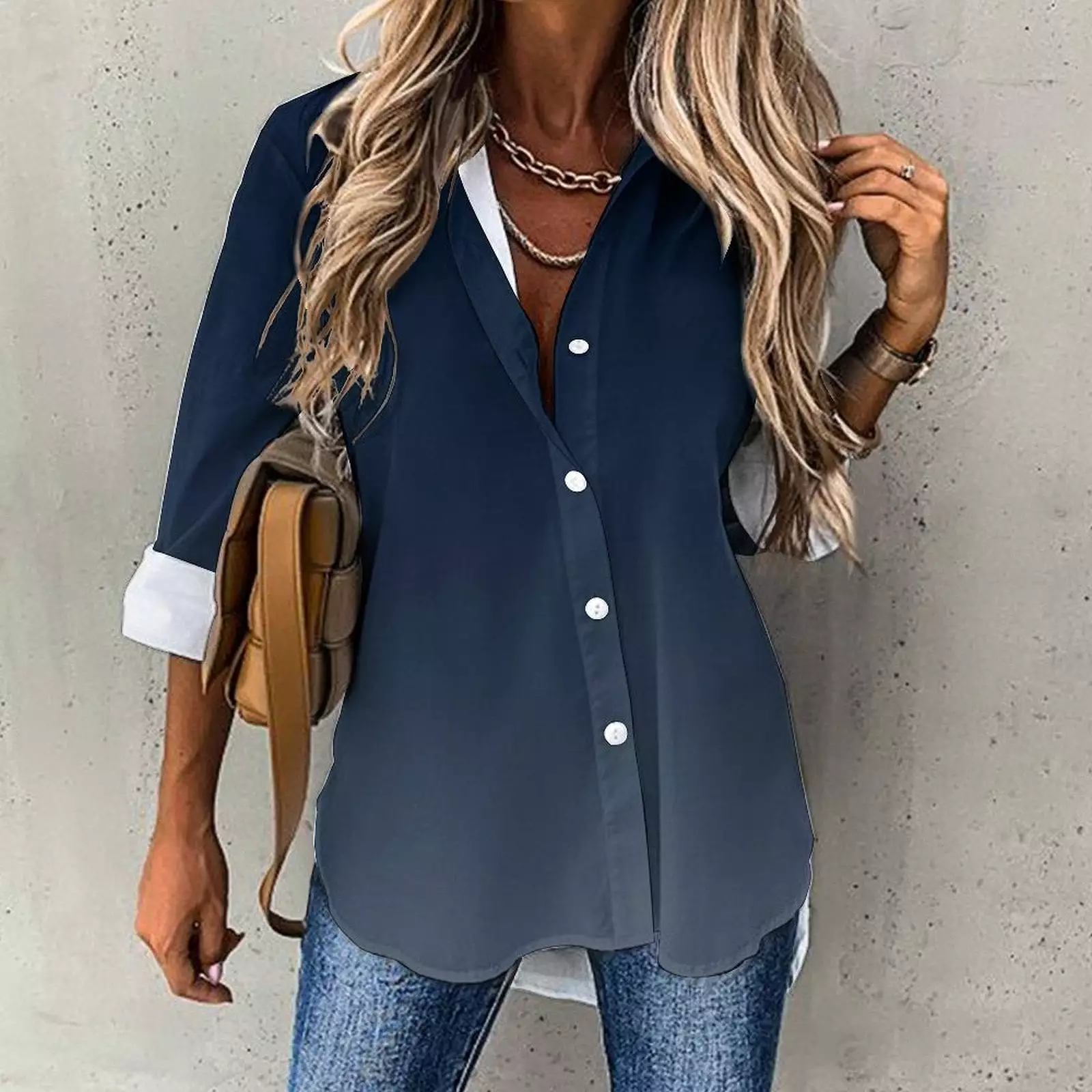 Long Sleeve Blouse (B648) Cropped hem shirt