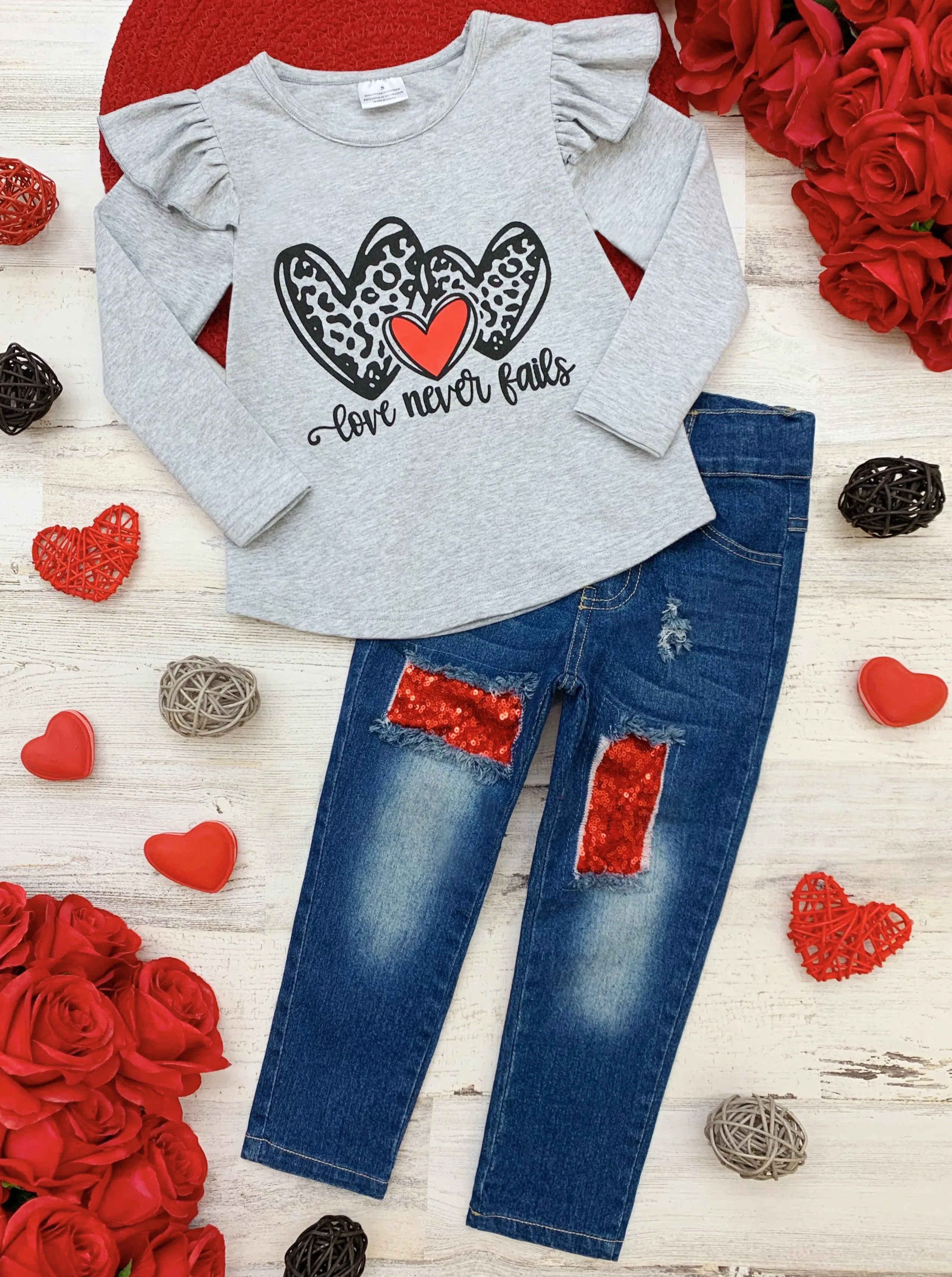 Love Never Fails Sequin Patched Jeans Set