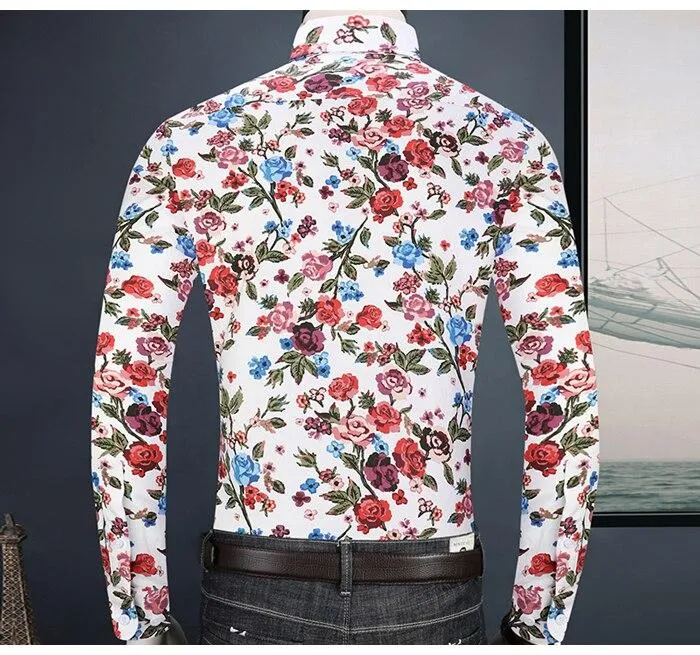 Men's Beach Floral Printed Hawaiian Pocket Less Long Sleeve Shirts