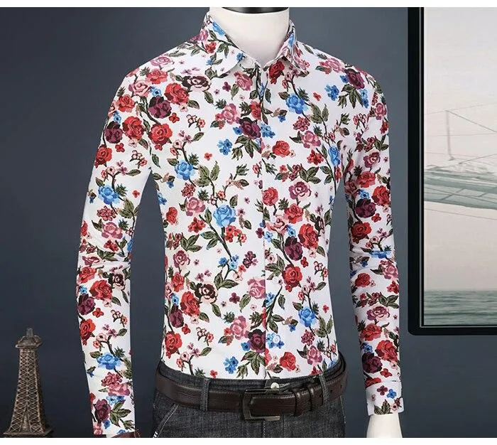 Men's Beach Floral Printed Hawaiian Pocket Less Long Sleeve Shirts