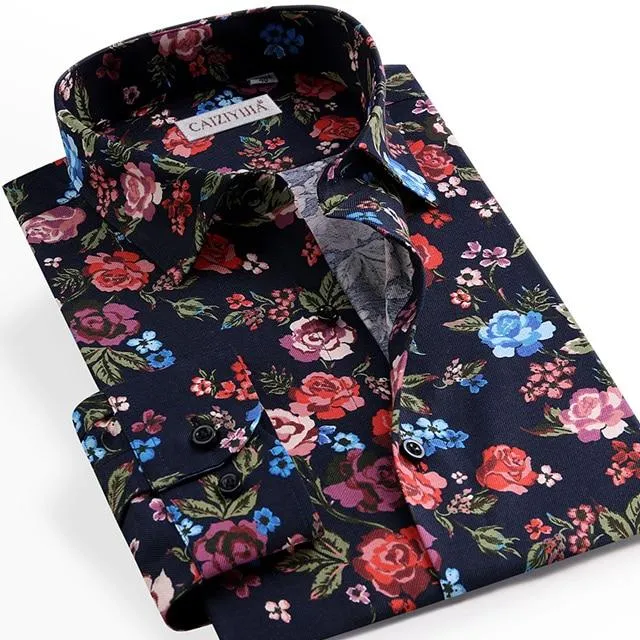 Men's Beach Floral Printed Hawaiian Pocket Less Long Sleeve Shirts