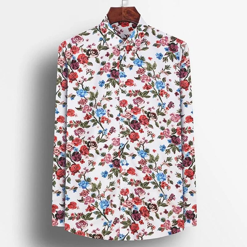 Men's Beach Floral Printed Hawaiian Pocket Less Long Sleeve Shirts