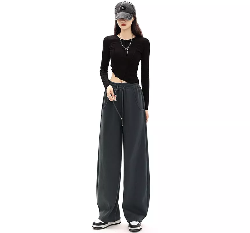 Mid-Waist Drawstring Pocketed Wide-Leg Plain Sweatpants dd22