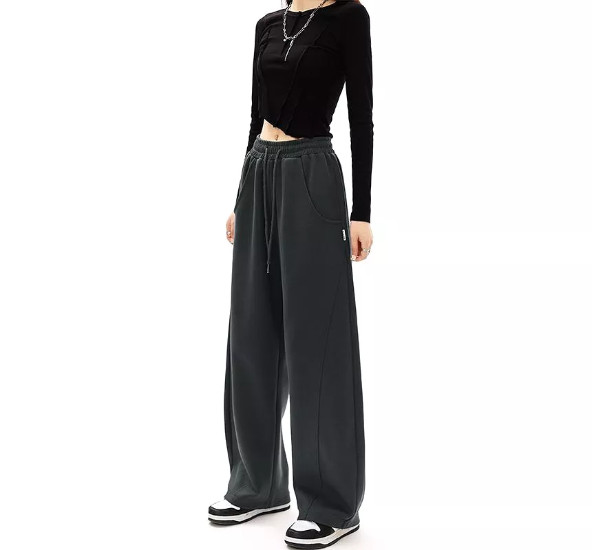 Mid-Waist Drawstring Pocketed Wide-Leg Plain Sweatpants dd22