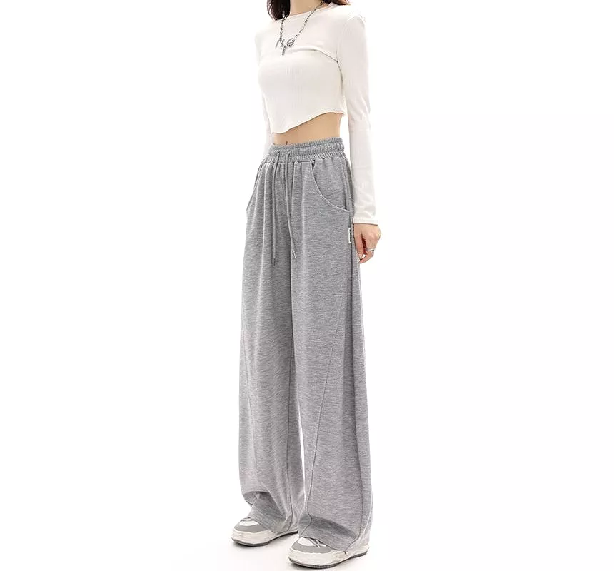 Mid-Waist Drawstring Pocketed Wide-Leg Plain Sweatpants dd22