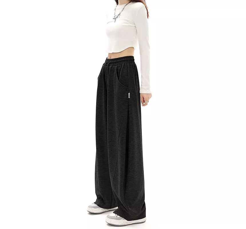 Mid-Waist Drawstring Pocketed Wide-Leg Plain Sweatpants dd22