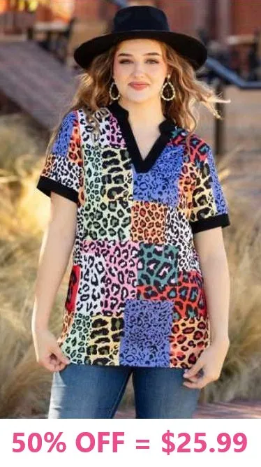 Multi Color Leopard Patchwork V-neck top