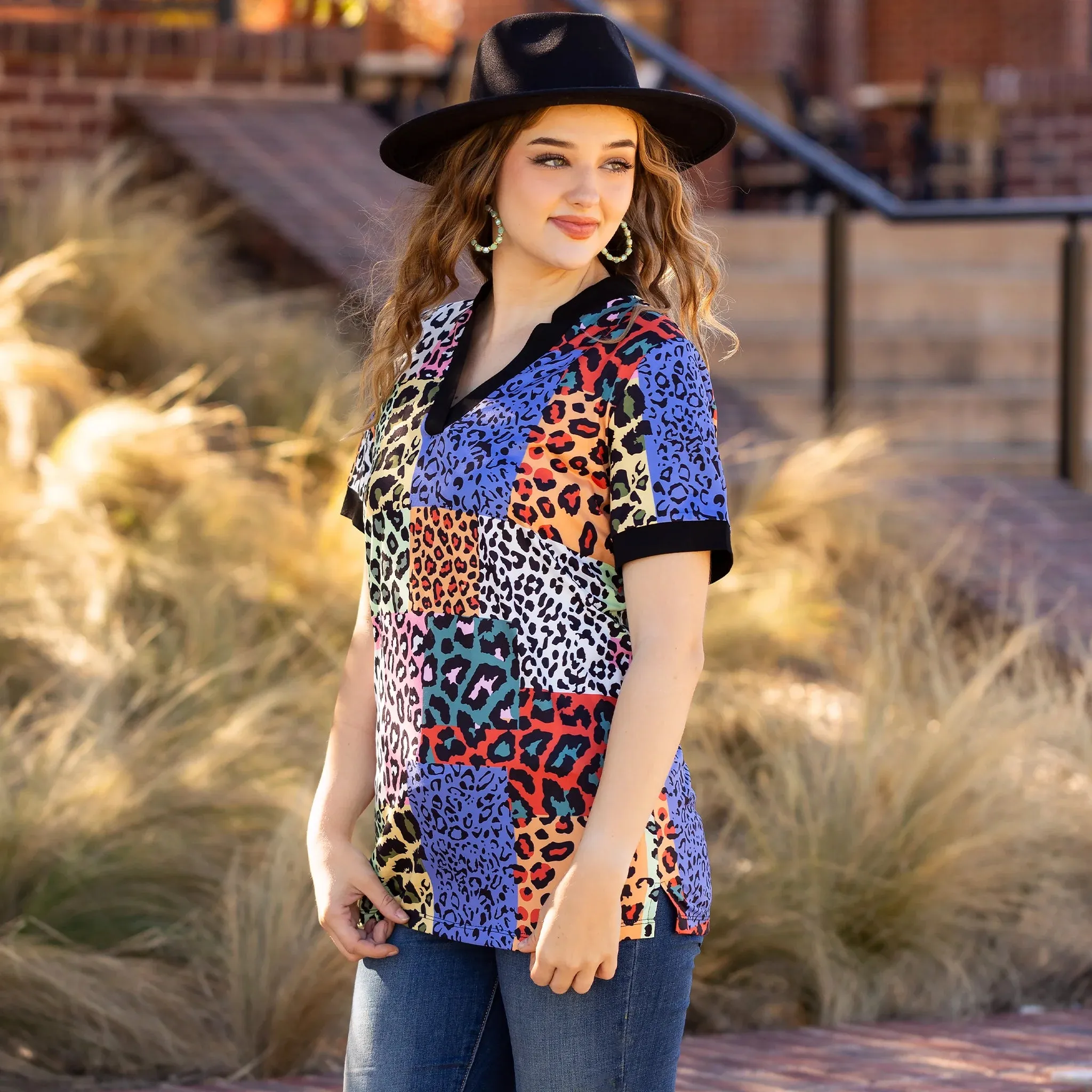 Multi Color Leopard Patchwork V-neck top