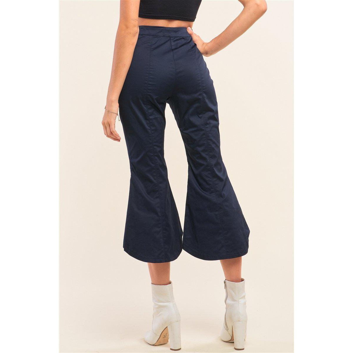 Navy Solid High Waisted Retro Bell Bottom Flare Pants