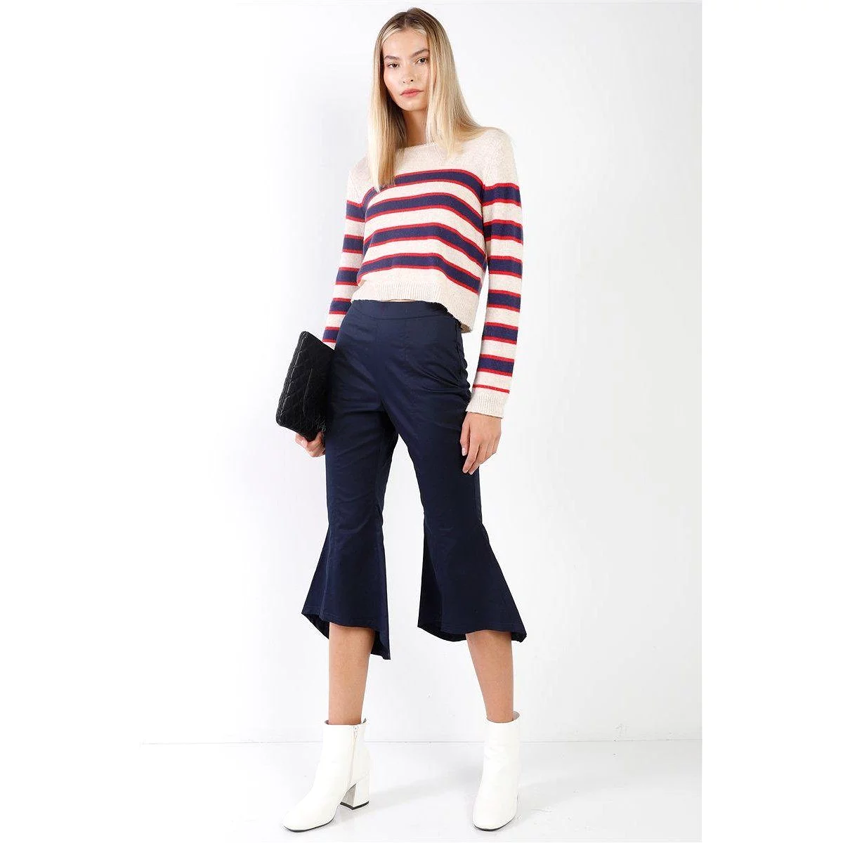 Navy Solid High Waisted Retro Bell Bottom Flare Pants