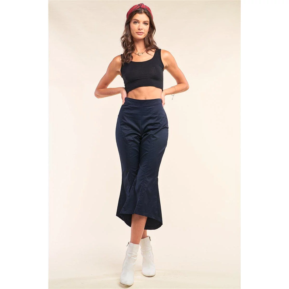 Navy Solid High Waisted Retro Bell Bottom Flare Pants