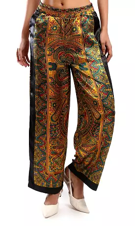 O179127 Fashionable Black & Turquoise Patterned Wide-Leg Pants