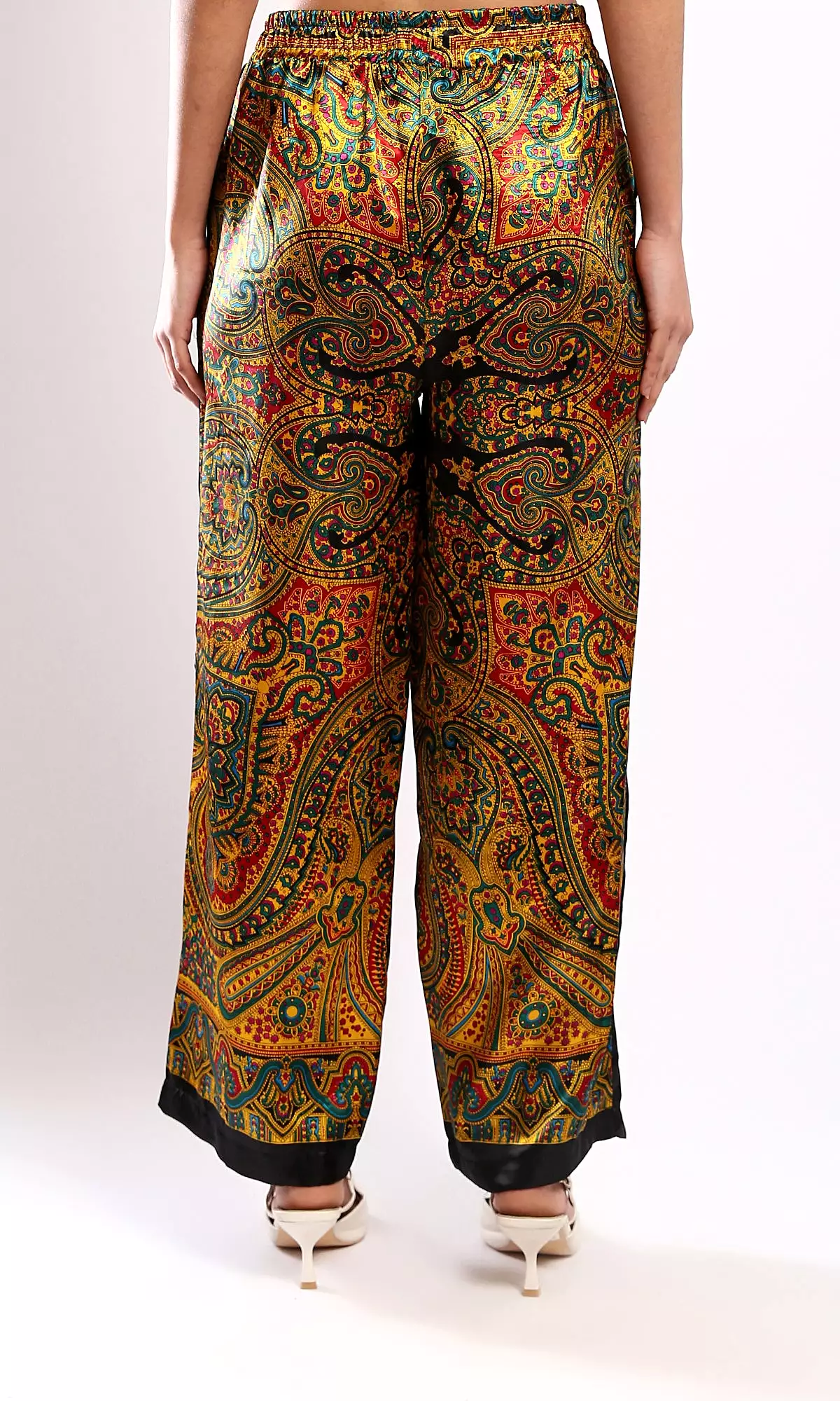 O179127 Fashionable Black & Turquoise Patterned Wide-Leg Pants