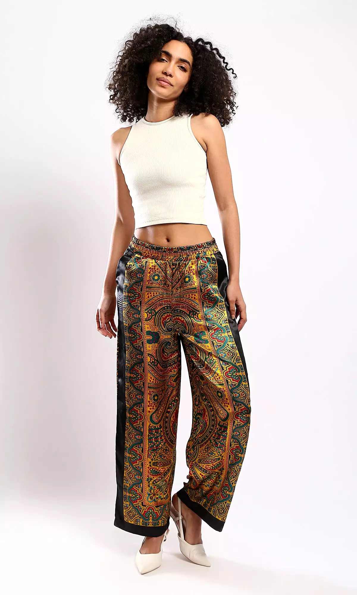 O179127 Fashionable Black & Turquoise Patterned Wide-Leg Pants