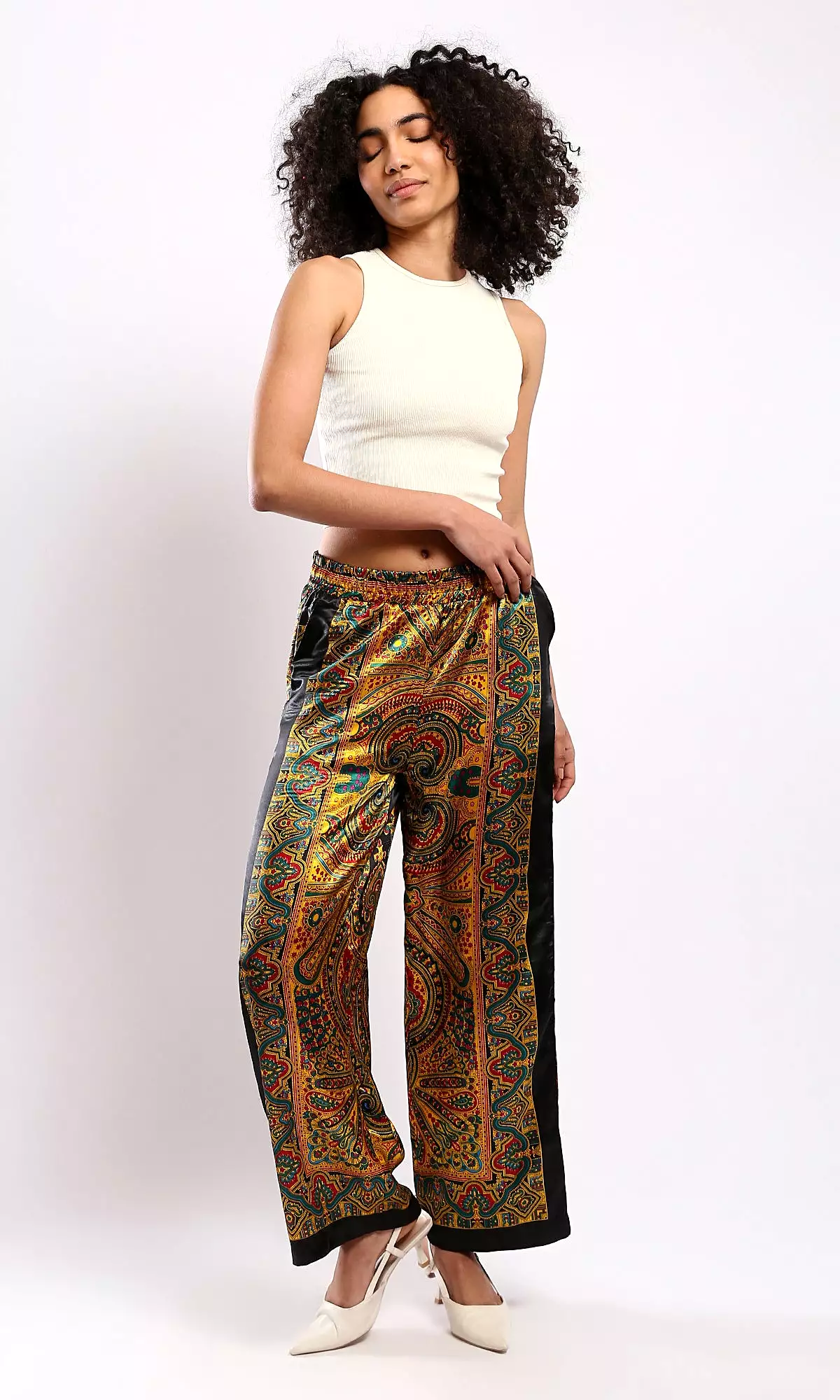 O179127 Fashionable Black & Turquoise Patterned Wide-Leg Pants