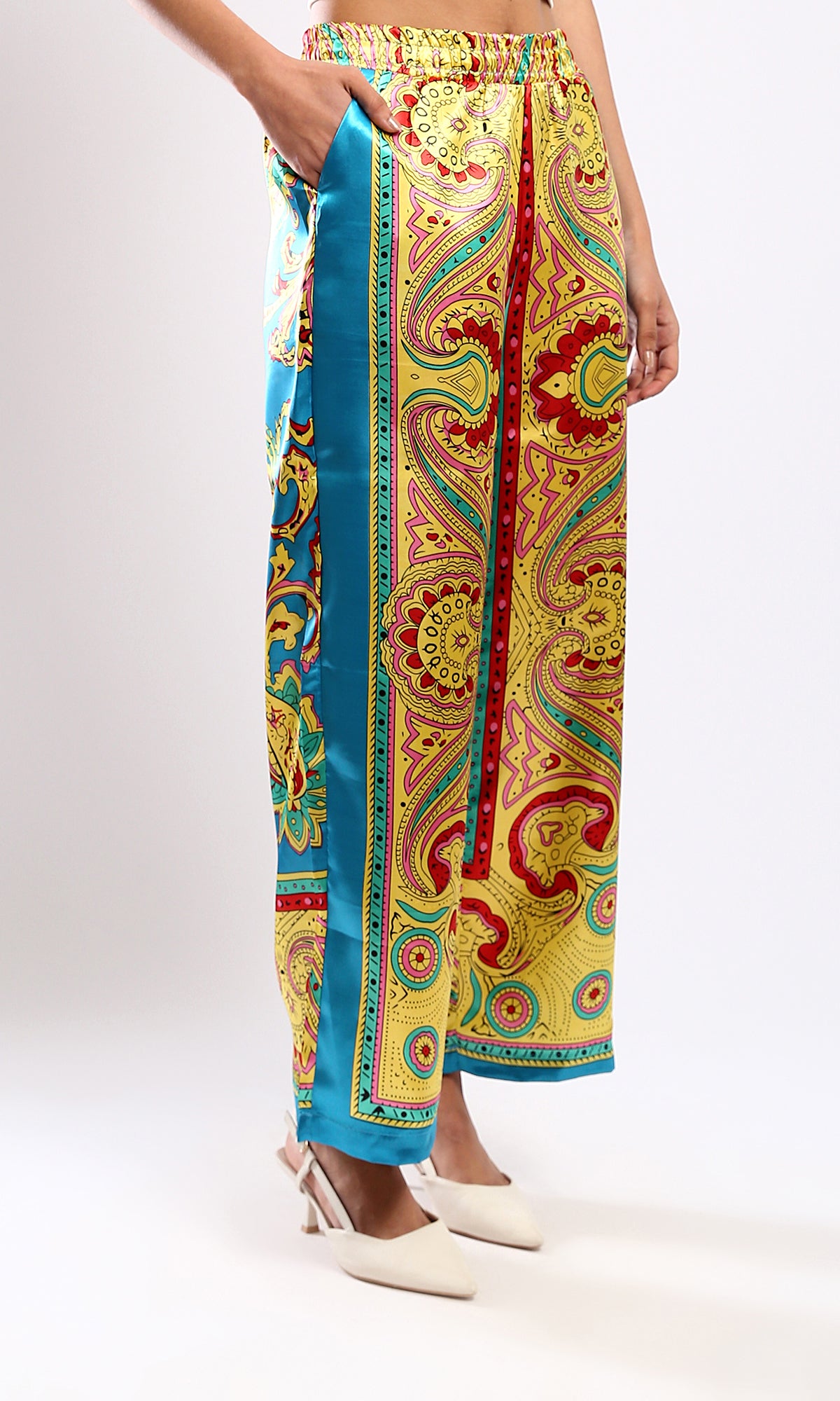 O179128 Red & Turquoise Wide-Leg Pants With Elastic Waist