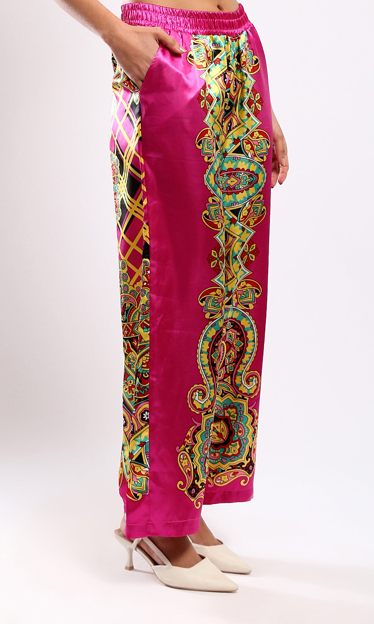 O179130 Shiny Fuchsia & Yellow Evening Wide-Leg Pants