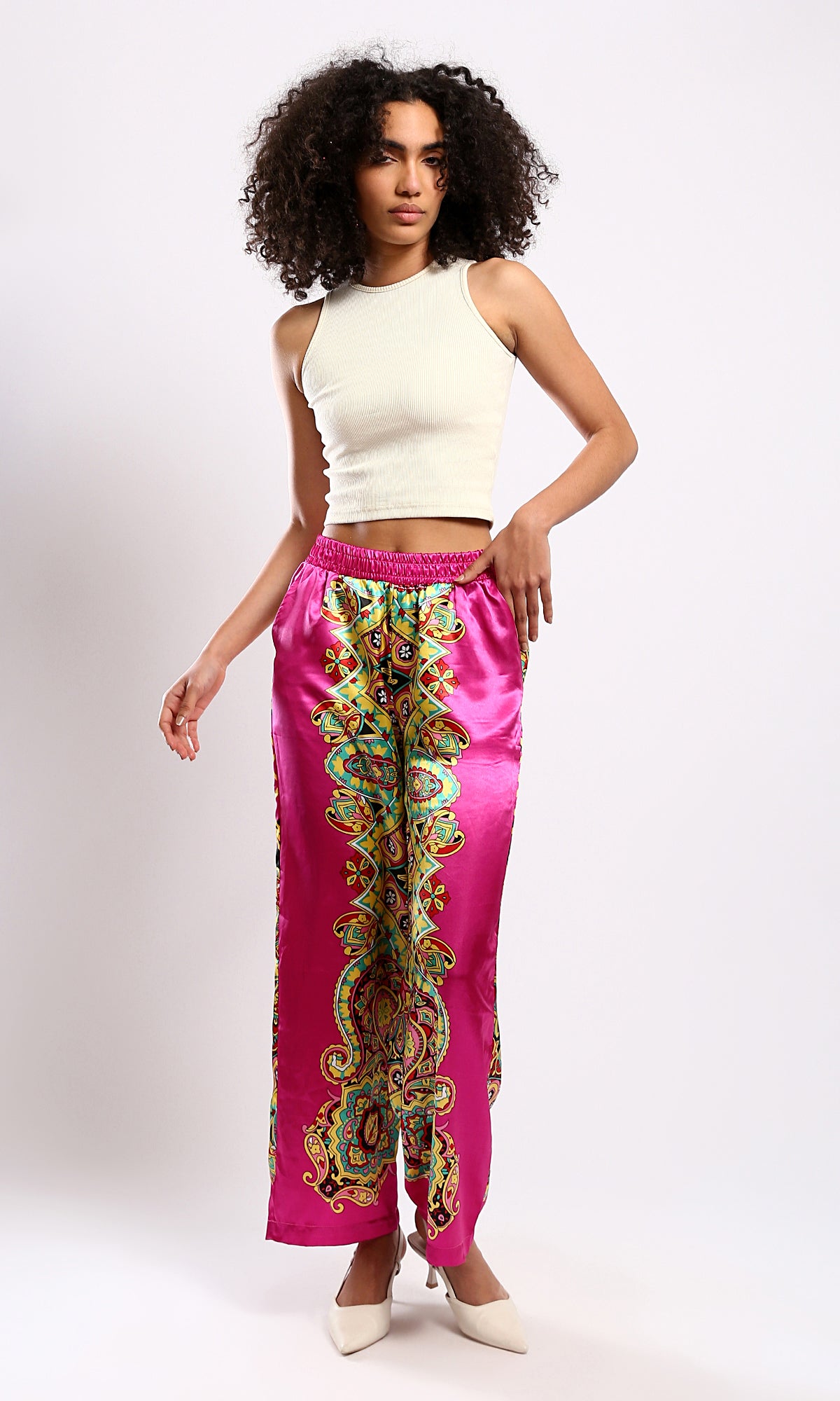 O179130 Shiny Fuchsia & Yellow Evening Wide-Leg Pants