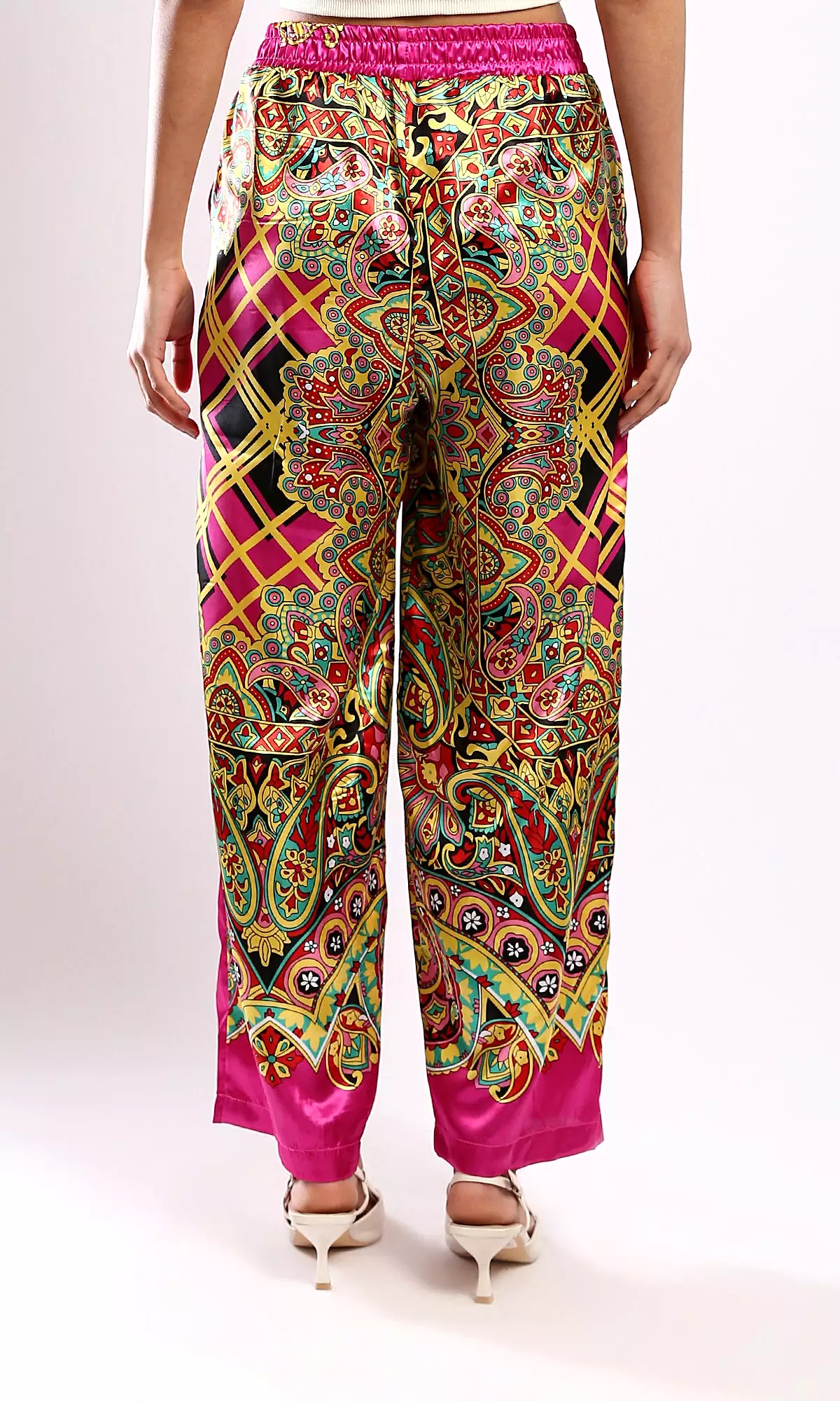 O179130 Shiny Fuchsia & Yellow Evening Wide-Leg Pants