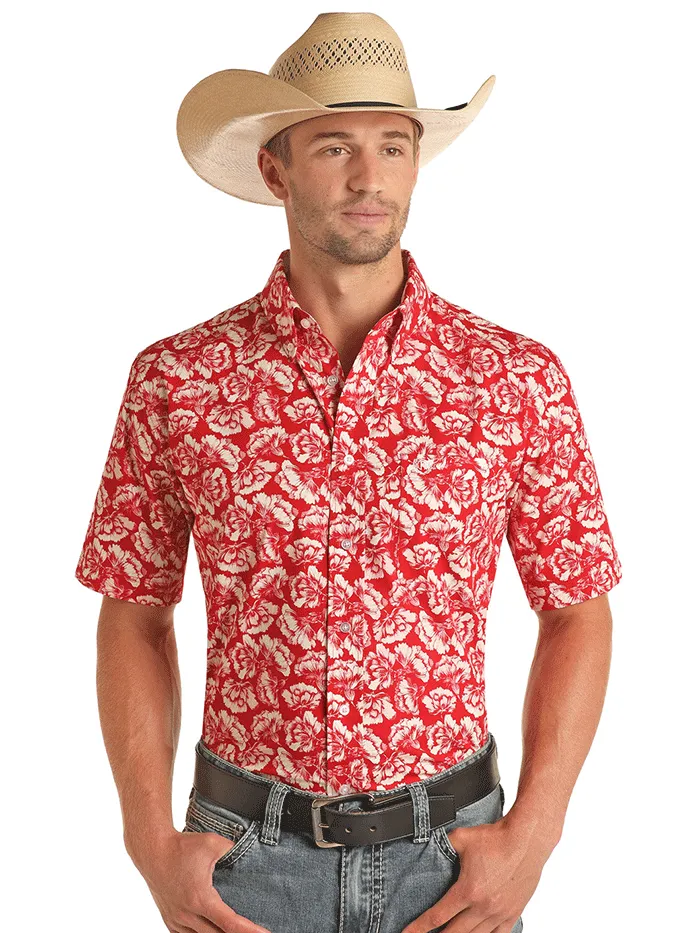 Panhandle 37D3176 Mens Floral Short Sleeve Button Shirts Scarlet Red