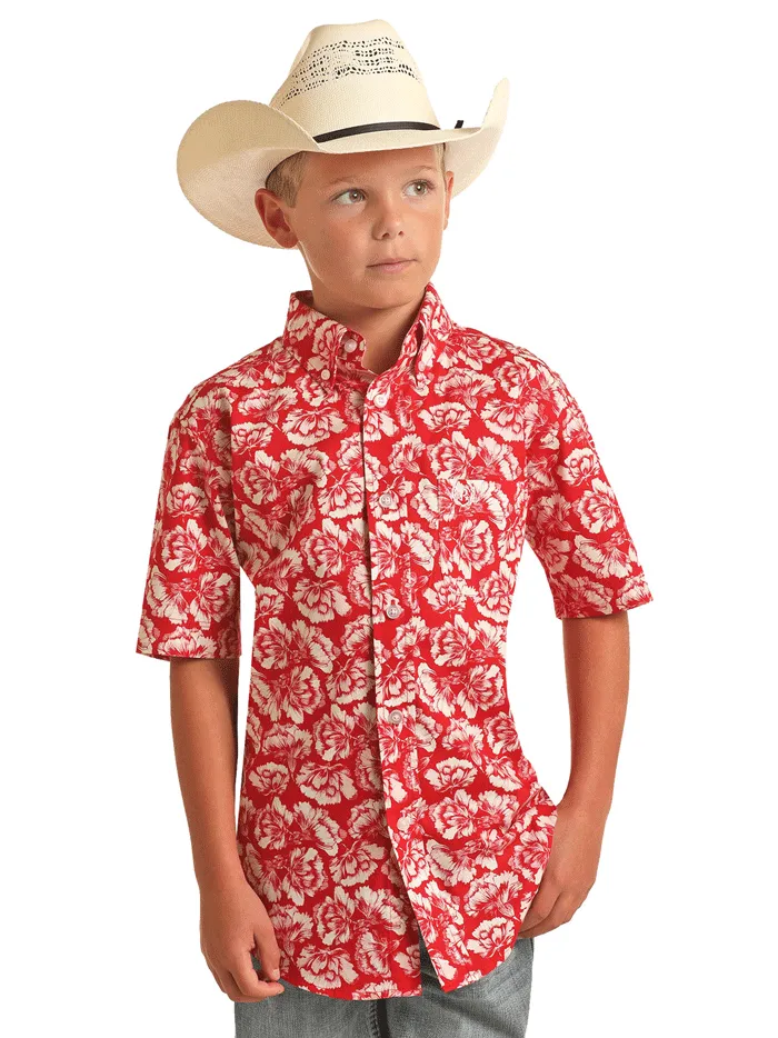 Panhandle C1D3176 Kids Boys Floral Short Sleeve Button Shirts Red