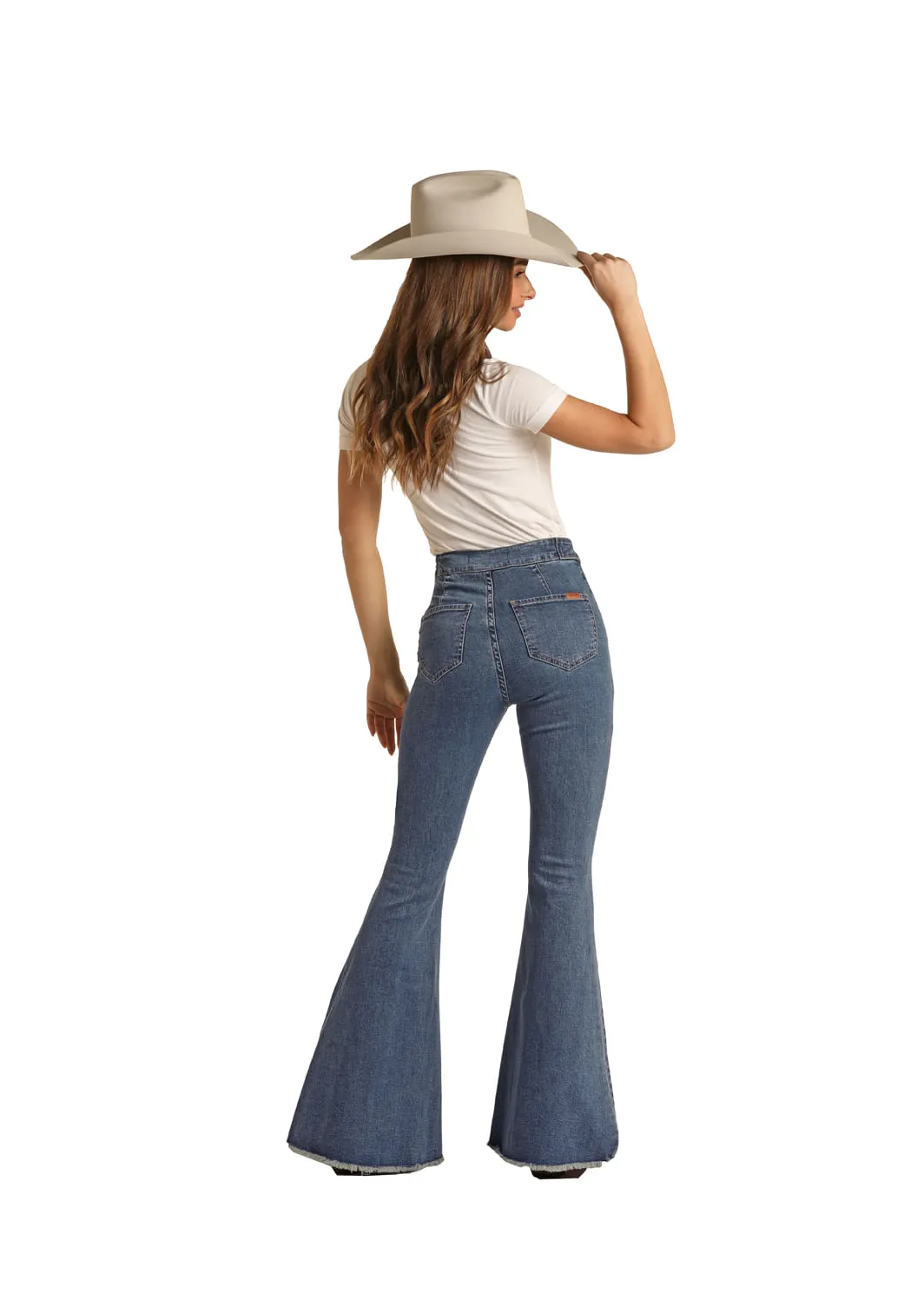 Panhandle Slim Womens High Rise Extra Stretch Double Button Bell Bottom Jeans