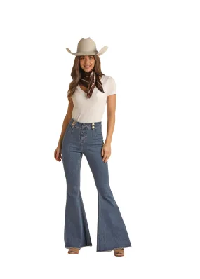 Panhandle Slim Womens High Rise Extra Stretch Double Button Bell Bottom Jeans