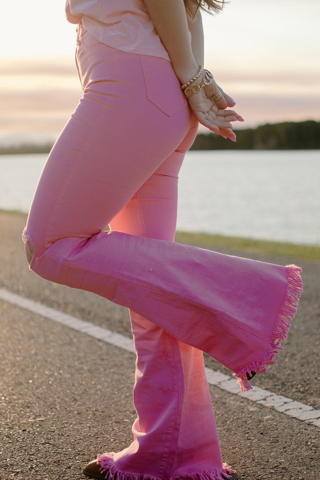 Pink Super Stretch Fray Flares