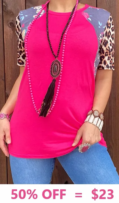 Pink Top with grey floral & leopard sleeve detail