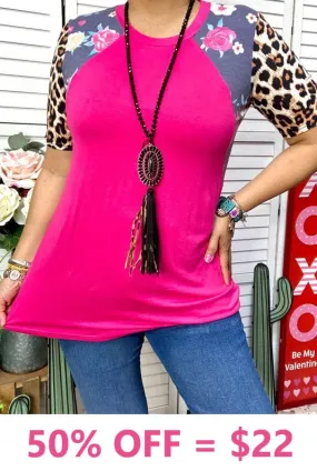 Pink Top with grey floral & leopard sleeve detail