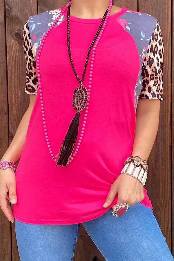 Pink Top with grey floral & leopard sleeve detail