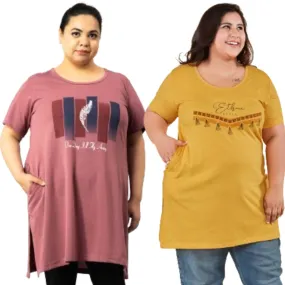 Plus Size Long T-shirts For Women - Half Sleeve - Pack of 2 (Yellow & Mauve)