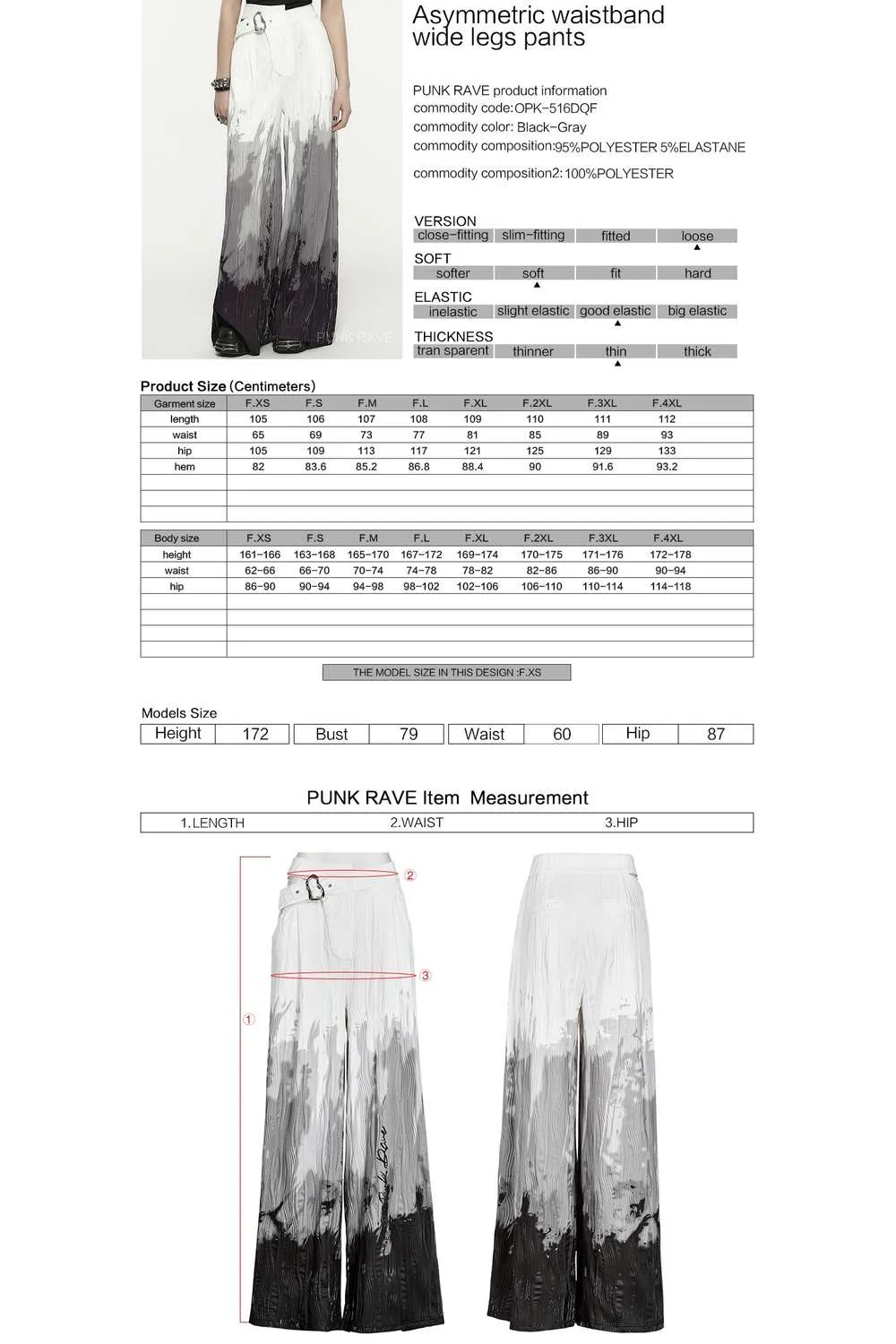 Punk Rave - Asymmetric Waistband Wide Pants White/Grey OPK-516DQF | Dark Ages