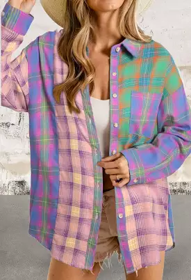 Purple Long Sleeve Gradient Plaid Raw Hem Shirt