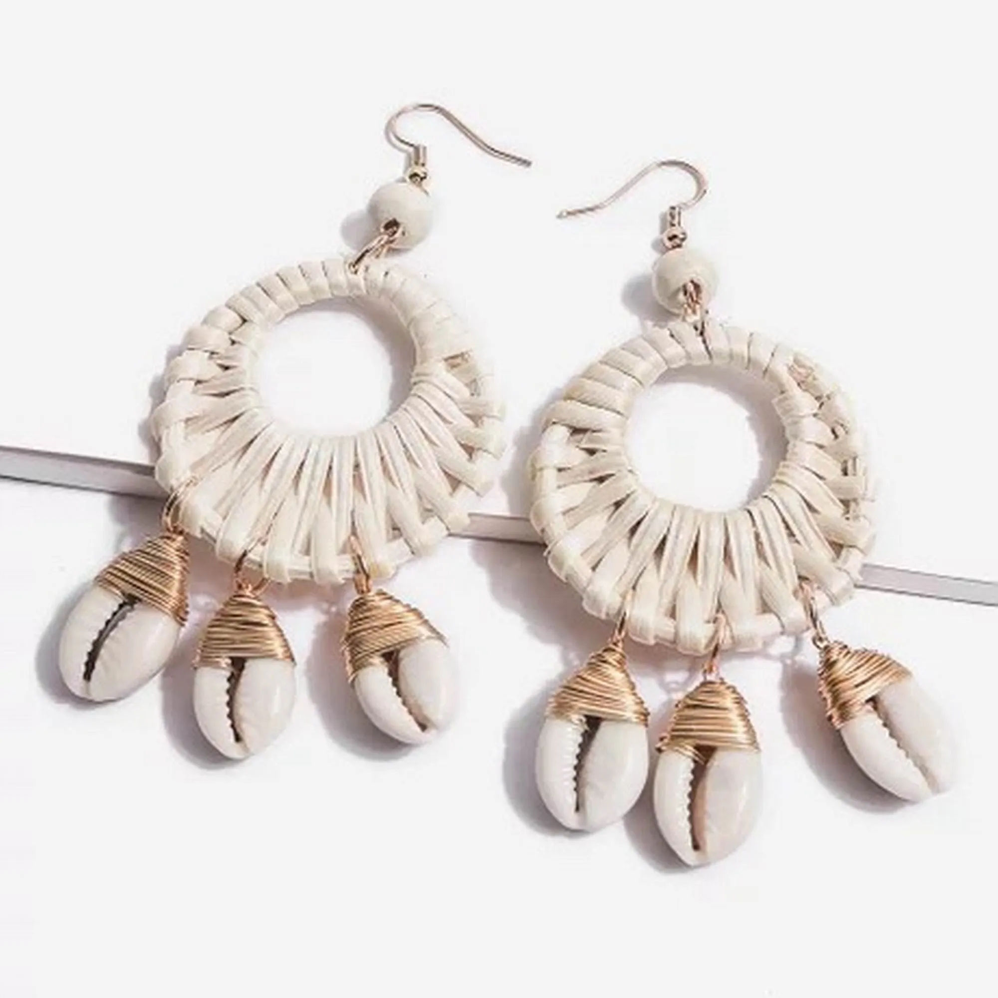 Rattan Chandelier Tassel Seashell Earrings